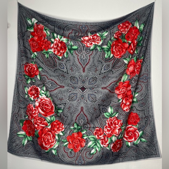 Silk Oversized Paisley Rose Scarf - Red - Picture 1 of 6